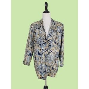 Bogari Blazer‎ M 100% Silk Floral Blue Beige Top Jacket  Women